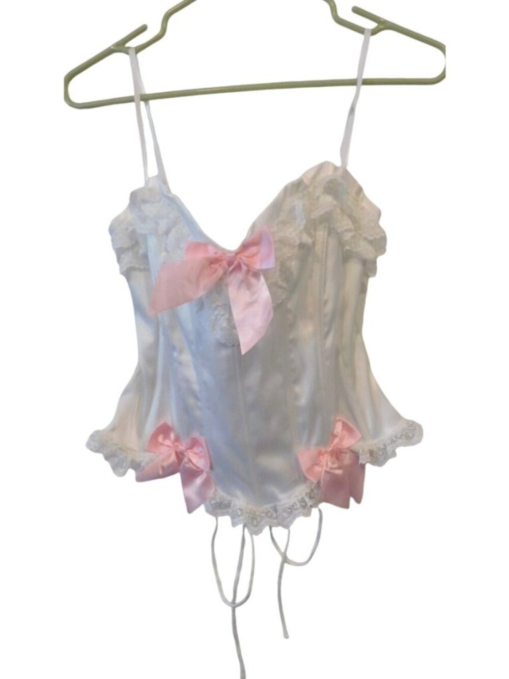 White Lacy Corset Top L Pink Satin Bows Bustier Lingerie Coquette Fairycore